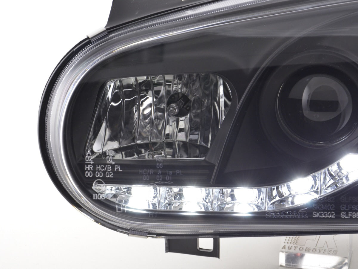 Scheinwerfer Set Daylight LED Tagfahrlicht VW Golf 4 97-03 schwarz für Rechtslenker Scheinwerfer Set Daylight LED Tagfahrlicht VW Golf 4 97-03 schwarz für Rechtslenker